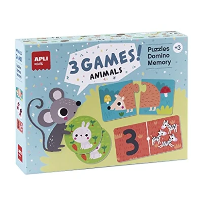 Imagen de APLI Kids 18798 Set de 3 juegos infantiles Animales: 1 Puzle 24 piezas, Dominó 36 piezas y Memory piezas.