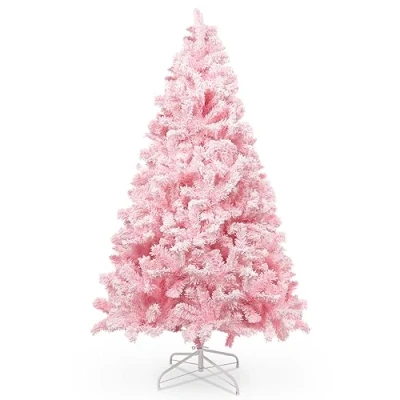 Imagen de 210 cm/7 ft Árbol de Navidad Rosa con Decoración Flocada Copos Nieve, 1200 Hojas Pino Puntiagudas PVC y Base Estable, Artificial para Navideña