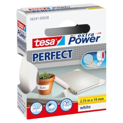 Imagen de tesa Extra Power Perfect Cinta de Reparación Reforzada en Tela para Confeccionar, Reparar, Fijar, Reforzar y Etiquetar Blanco 2.75 m x 19 mm