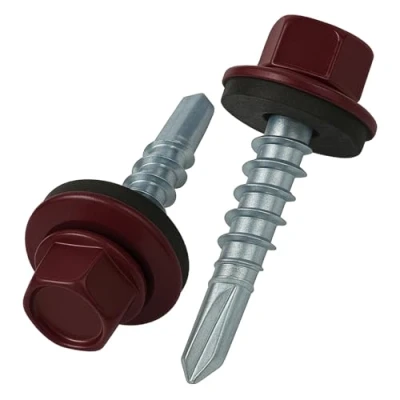 Imagen de 4.8 mm x 25 Tornillos para techos, cabeza hexagonal, autoperforantes, color (RAL 3005 Rojo vino) con arandela de sellado, Tornillo endurecido chapado en zinc a prueba óxido (50 pcs)