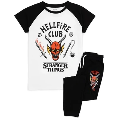 Imagen de Stranger Things Kids Pijama Unisex Hellfire Club Outfit Eddie Eleven Mike Dustin MAX Members T Shirt Loungepants Co ORD Pjs Set Mercancía de la Serie Netflix
