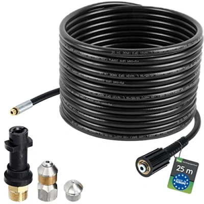 Imagen de Manguera para limpieza de tuberías, 25m, 160 200 bar, incl. adaptador, boquillas rígidas + giratorias, compatible con las limpiadoras alta presión Karcher K2, K3, K4, K5, K6, K7