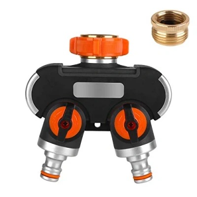 Imagen de distribuidor de 2 vías: agua 3/4&quot; y 1/2&quot; con grifo agua, para conexión simultánea dos dispositivos, ambas salidas regulables, adaptador riego jardín