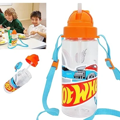 Imagen de HOVUK Hot Wheels botella de agua con popote 500 ml, Tritan tapa abatible para niños, a prueba fugas y reutilizable, regalo deportivo la escuela 3 años