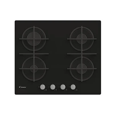 Imagen de Candy CVG 6 B Placa de cocción a gas vidrio templado, 4 fuegos, empotrable, rejillas hierro fundido, válvula seguridad, GLP y metano, 59,5 x 51 95 cm, negro