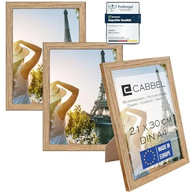 Imagen de CABBEL Set de 3 Marcos DIN A4 21x30 Marco Madera MDF con Cristal acríLico inastillable, Ideal para collages, Retratos y certificados en Roble