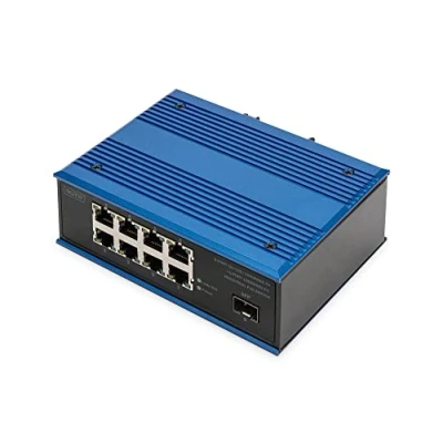 Imagen de DIGITUS Conmutador de Red PoE 9 Puertos Gigabit Ethernet 8X RJ45 + 1x Puerto SFP No gestionado 10/100/1000 Mbps Carril DIN y Montaje en Pared IP40 Serie Industrial Azul