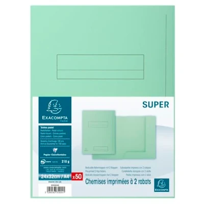 Imagen de Exacompta 335004E Lote de 50 Subcarpetas Super 250 Impresas y con 2 Solapas, Color Verde Claro