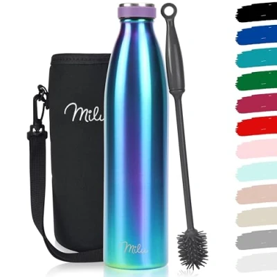 Imagen de Milu botella de acero inoxidable 350ml 500ml 750 ml 1 L 1,5 agua aislada, termo a prueba fugas, doble pared, apta para ácido carbónico + cepillo limpieza (Aurora, 1L)