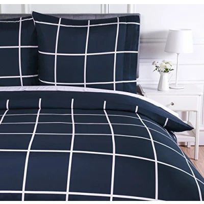 Imagen de Amazon Basics Juego de ropa cama con funda edredón, 2 piezas microfibra, 135 x 200 cm, Azul marino A cuadros (Navy Simple Plaid)