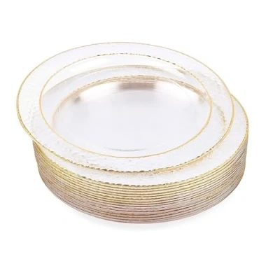 Imagen de MATANA 20 Platos de Postre Plástico Transparente con Borde Dorado, 19cm Pequeños Elegantes y Reutilizables para Bodas, Cumpleaños, Fiestas