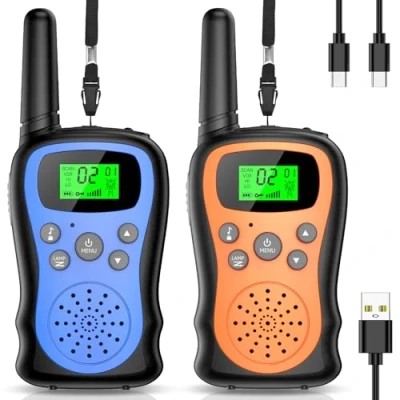 Imagen de Walkie Talkie Niños Recargable, Pakinui Largo Alcance 3 KM con Batería de 1000mAh, Paquete 2 Walky Talky Infantil Linterna VOX para Exteriores, Camping, Senderismo