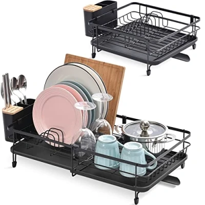 Imagen de KINGRACK Escurreplatos, Escurridor de Platos Extensible Gran Capacidad, Escurreplatos Acero Inoxidable con Soporte para Cubiertos Extraíble, Negro Cocina