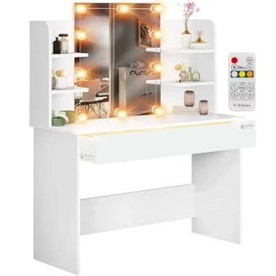 Imagen de CASARIA® Tocador de Maquillaje Mesa Cosmética con Espejo 10 Luces LED 3 Tonos Regulables 4 Estantes Cajón Grande Iluminación 110x40x140cm Blanco