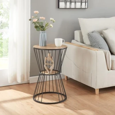 Imagen de [en.casa] Mesa Multifuncional en Forma de Reloj Arena Decorativa Auxiliar Redonda con Estante Mesilla Noche Estable MDF Metal 62 x Ø 40cm Negro y Efecto Roble