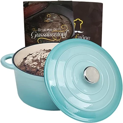 Imagen de Olla de hierro fundido para hornear pan 24 cm 3,5 L, cacerola esmaltada cocer, y freír, con tapa inducción (3,5 azul)