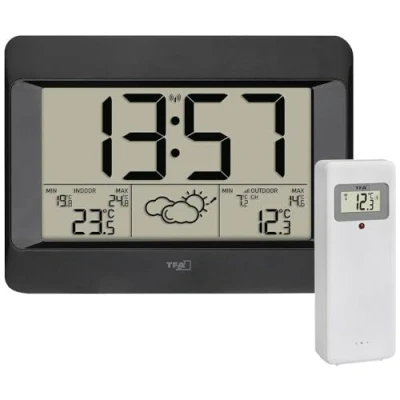 Imagen de TFA Dostmann Estación meteorológica Zeno 35.1163.01 Reloj de pared digital con pronóstico del tiempo, temperatura interior y exterior, alarma despertador repetición, color negro