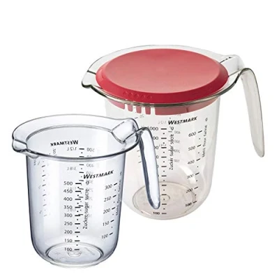 Imagen de Westmark Set de 2, jarras medidoras 0,5 l y 1 con tapa, escalas medición multilingües, plástico, transparente/rojo, 306622E6