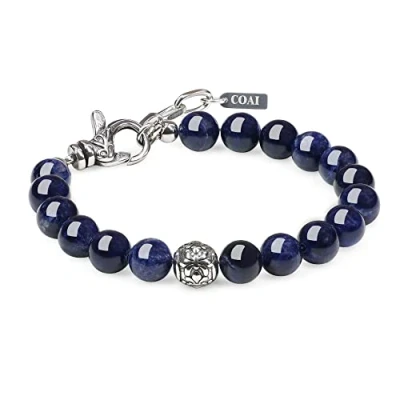 Imagen de COAI Pulsera Ajustable para Hombre de Sodalita Piedra Semipreciosa con Perla Flor lis en Acero Inoxidable