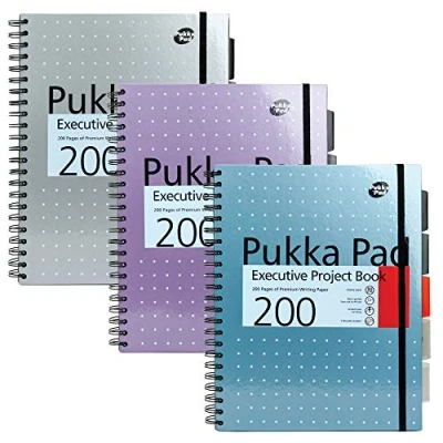 Imagen de Pukka Pad Metallic Cuaderno ejecutivo de espiral doble (3 unidades, A4, 200 hojas microperforadas, 80 g/m², con margen, 5 separadores, cierre elástico), diseño metalizado