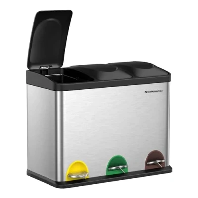 Imagen de SONGMICS cubo de basura cocina 45 l, cesta pedal con sistema recogida diferenciada, interior, duradero, acero inoxidable, 3 x 15 blanco y negro, LTB45W