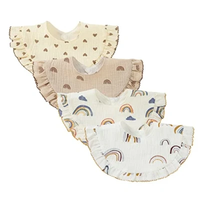 Imagen de Nishine 4 piezas Unisex bebé muselina Bandana Drool Baberos 360 grados giratorio algodón dentición alimentación babeo para niño niña (Arco Iris)