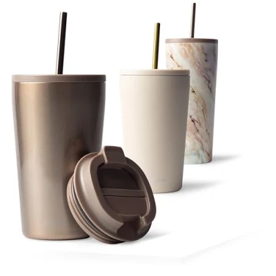 Imagen de MAMEIDO Termo Cafe con Pajita y Tapa 470ml Vaso Termico Antigoteo, Taza Termica acero inox sin BPA, para llevar (Rosé Quartz, 0,47l)