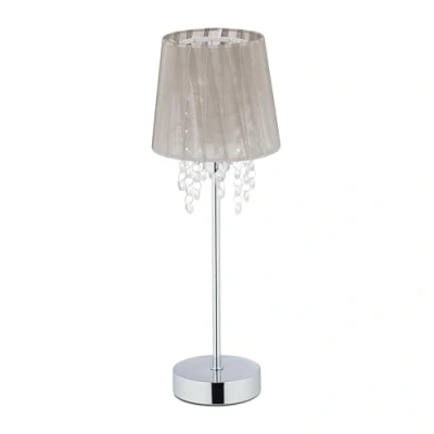 Imagen de Relaxdays Lámpara de mesa, Organza, Cristal, Soporte redondo, Mesilla noche, 41 x 14,5 cm, 1 Ud., Gris &amp; Plateado