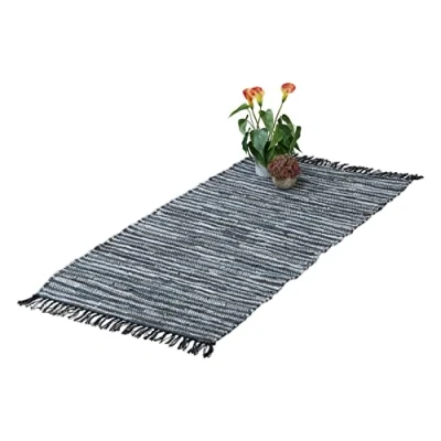 Imagen de Relaxdays Remiendo Alfombra de Pasillo con Flecos, 70 x 140 cm, Algodón y Cuero, Antideslizante, Retazos, Gris, Piel auténtica