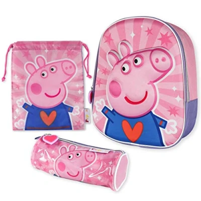 Imagen de BONNYCO Peppa Pig Mochila Infantil 3D, Estuche Escolar y Bolsa Merienda de Cuerdas Pack Mochilas Escolares para Niñas Niños a Partir 3 Años Material Vuelta al Cole