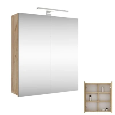 Imagen de Planetmöbel Merkur armario con espejo para baño iluminación de 60 cm ancho, colgante espejo, LED cromada, roble dorado