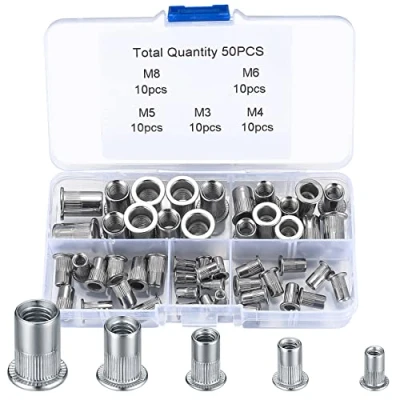 Imagen de 50 Piezas Surtido de Tuercas Remachables, Tuerca Remachada Acero Inoxidable Cabeza Plana Inserto Roscado Remache con Rosca M3 M4 M5 M6 M8