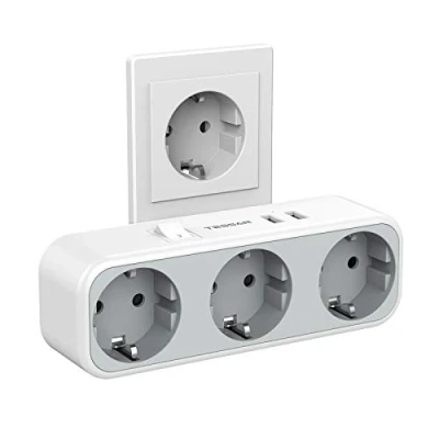 Imagen de TESSAN Ladron Enchufes USB, 5 en 1 Enchufe Múltiple con 3 Tomas de Corriente, Triple Cargador Multiple Compatible Phone, Multiplicador Regletas para Hogar Gris
