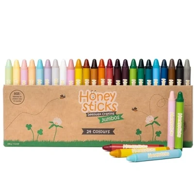 Imagen de Honeysticks crayones jumbo (paquete de 24) no tóxicos para niños 100% cera abeja pura y colores grado alimenticio 24 brillantes grandes, fáciles sostener