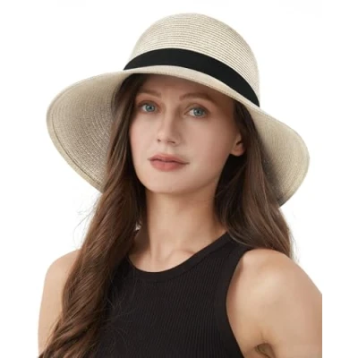 Imagen de Zylioo S/M/L/XL/XXL Sombrero de Panamá paja cabeza grande sol con Ala ancha gran tamaño UV verano playa, beige, M