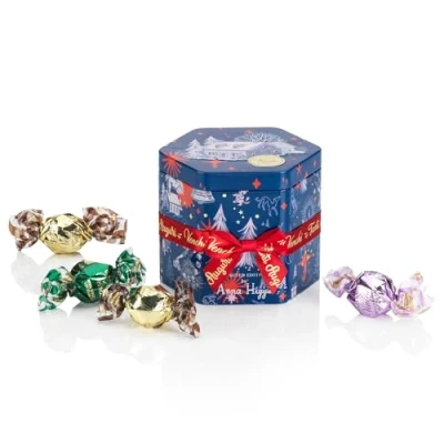 Imagen de Venchi Colección Navidad Pequeña lata regalo hexagonal con bombones Perla surtidos, 148 g Idea de Sin gluten