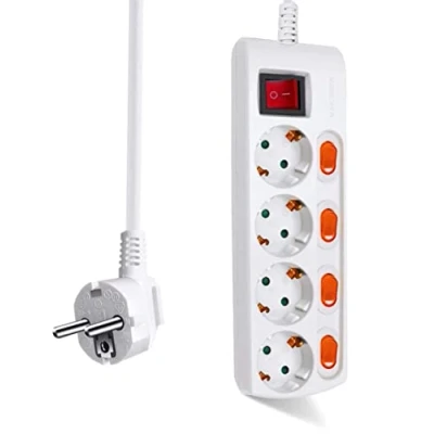 Imagen de EXTRASTAR Regleta con 4 Enchufes + Interruptor Individuales, 1 Principal, 3680W, 250V, 1.5M, Blanco, 1pcs