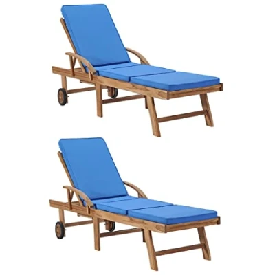 Imagen de vidaXL 2X Madera Maciza Teca Tumbonas con Cojines Cama Silla Muebles Asiento al Aire Libre Playa Tomar Sol Exterior Jardín Patio Terraza Azul