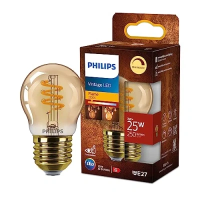 Imagen de Philips Bombilla LED Vintage Ámbar esférica, Casquillo E27 3W, 250 Lúmens, Luz Efecto Llama 2200k