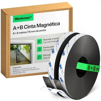 Imagen de WORKMAX® A+B Cinta magnética para mosquiteras y mosquiteros (8+8 metros) Tiras magnéticas fuertemente autoadhesivas con atracción mutua