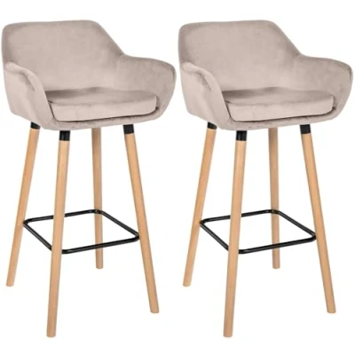 Imagen de CLP Set De 2 Taburetes Bar Grant En Terciopelo Estilo Velvet I Sillas Altas con Respaldo &amp; Reposabrazos I, Color:Crema