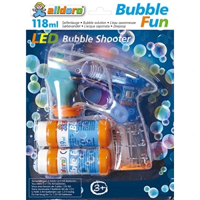 Imagen de alldoro Bubble Fun Pistola de pompas jabón (LED, con 2 x 59 ml, Efecto luz y Sonido), Multicolor (60625)