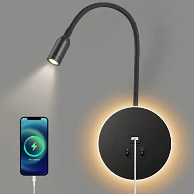 Imagen de Awekliy Aplique de pared LED Lámpara lectura cuello cisne cabecero dormitorio con interruptor interior Puerto carga USB(3W 3000k + 8W 6000k)Negro