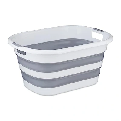 Imagen de Relaxdays Colada Plegable Grande, Cubeta Lavado 35l, Cesto con Asas para Ropa Seca o Mojada, Gris/Blanco, 27 x 60 45 cm