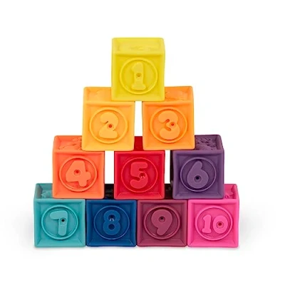 Imagen de Battat B. toys One Two Squeeze Blocks bloques de construcción para niños Juguetes educativos bebés 6 meses en adelante, con números, formas, animales y texturas 10 suaves apilables (BX1002Z)