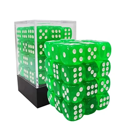 Imagen de Bescon 12mm 6 Sided Dice 36 in Brick Box, Six Die (36) Block of Dice, Translucent Green with White Pips