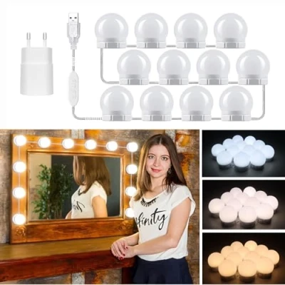 Imagen de Luces Espejo Maquillaje Hollywood con Adaptador, 12 Bombillas, Cable Ajustable, 3 Colores y 10 Brillos, Luz Adhesiva, para Tocador, Make Up LED USB, 1 juego