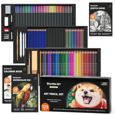 Imagen de Shuttle Art Kit de dibujo profesional, 123 piezas juego lápices para incluidos, colores, acuarelas, carbón, grafito y bocetos, ideal adultos niños artistas