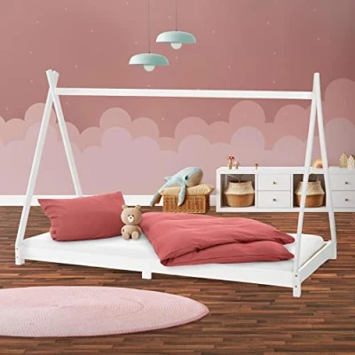 Imagen de ML Design Cama Infantil Tipi Indio 90x200 cm con Somier Estructura Listones de Madera Pino Maciza Color Blanco Forma Casa Mobiliario Juego Marco Tienda Campaña para Niños