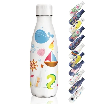 Imagen de HoneyHolly Botella agua Acero Inoxidable, Niños 350ml, Termica sin BPA, Reutilizable, Doble pared Aislante, Cantimplora Infantil Conserva 12 Horas Caliente, 24 frio